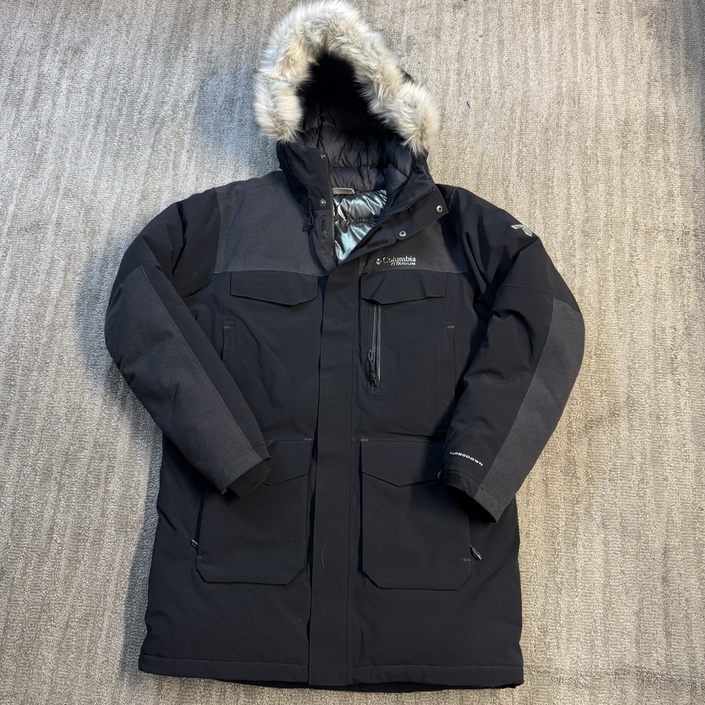 Columbia Titanium Parka Mens Size L Black TurboDown Omni-Heat Hooded Down Coat